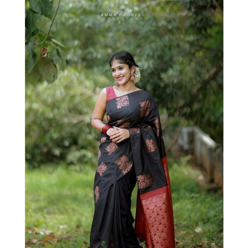 Mayawye Women's Silk Printed Saree With Unstitched Blouse 5.5Mtr (Black-Red)