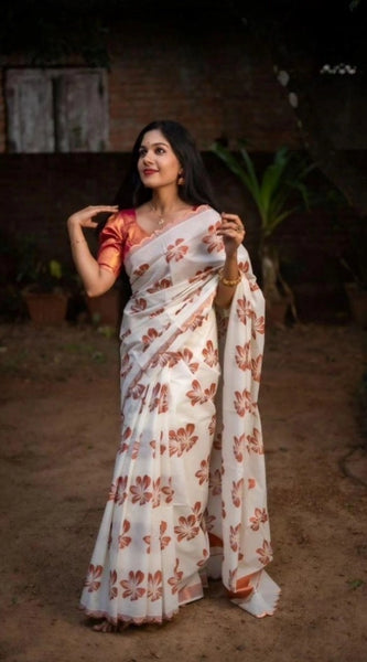 Mayawye Women's Silk Printed Saree With Unstitched Blouse 5.5Mtr (White-Orange)