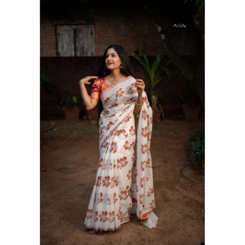 Mayawye Women's Silk Printed Saree With Unstitched Blouse 5.5Mtr (White-Orange)