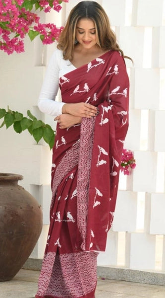 Mayawye Women's Silk Printed Saree With Unstitched Blouse 5.5Mtr (Maroon)