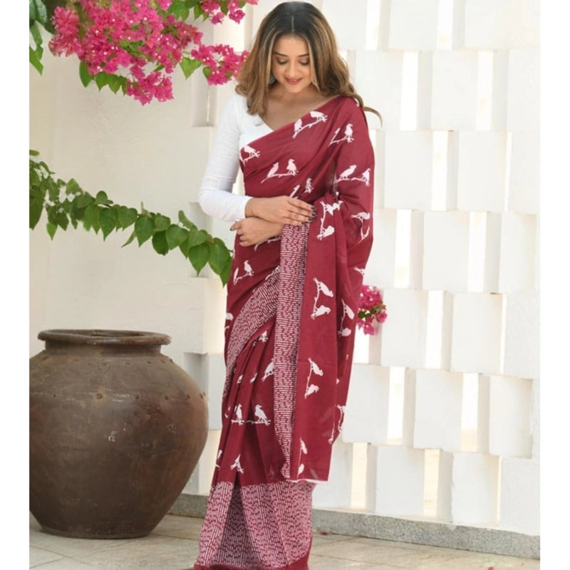 Mayawye Women's Silk Printed Saree With Unstitched Blouse 5.5Mtr (Maroon)