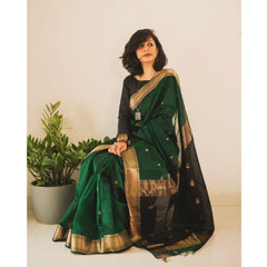 Mayawye Women's Silk Printed Saree With Unstitched Blouse 5.5Mtr (Dark Green)