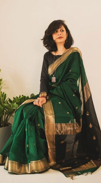 Mayawye Women's Silk Printed Saree With Unstitched Blouse 5.5Mtr (Dark Green)