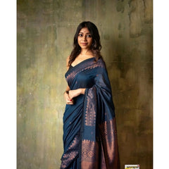 Mayawye Women's Silk Printed Saree With Unstitched Blouse 5.5Mtr (Navy Blue)