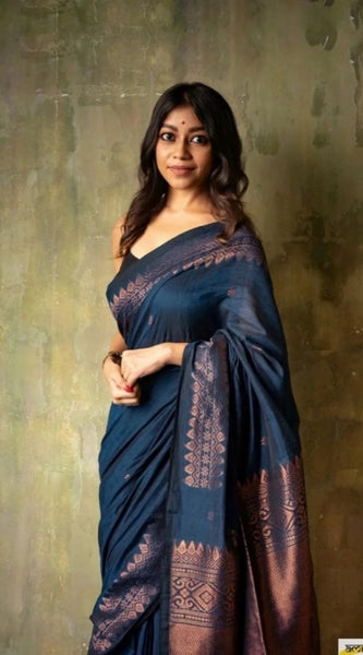 Mayawye Women's Silk Printed Saree With Unstitched Blouse 5.5Mtr (Navy Blue)