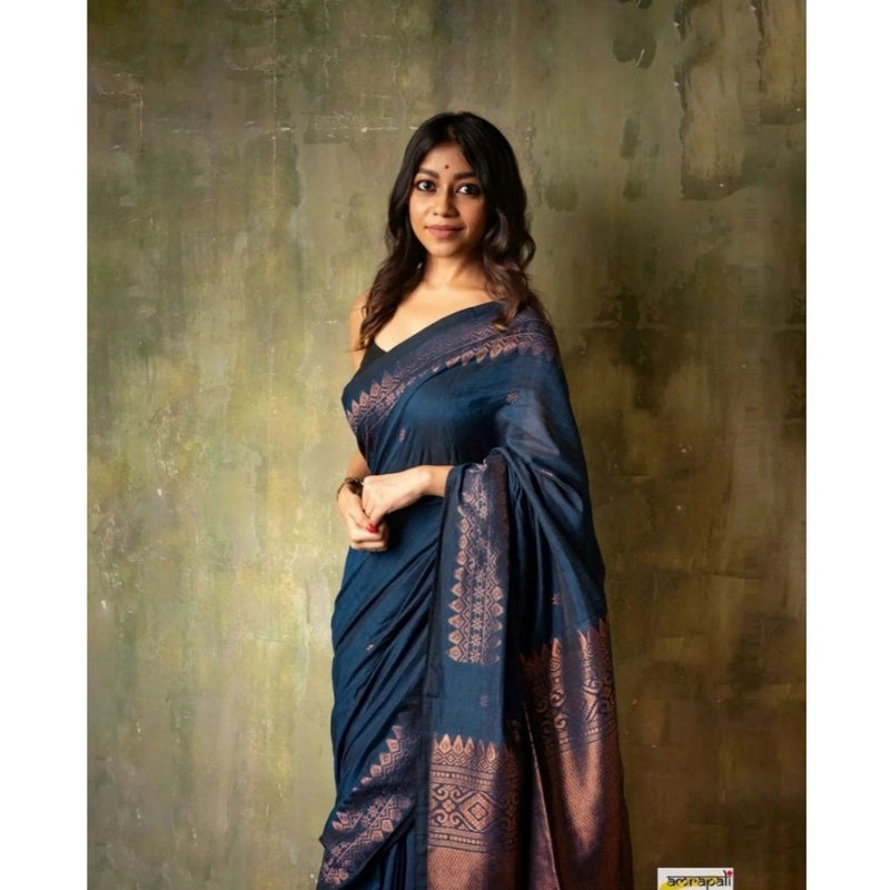 Mayawye Women's Silk Printed Saree With Unstitched Blouse 5.5Mtr (Navy Blue)