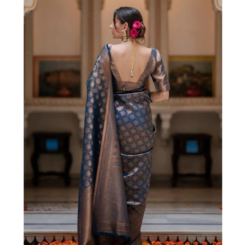 Mayawye Women's Silk Printed Saree With Unstitched Blouse 5.5Mtr (Blue)