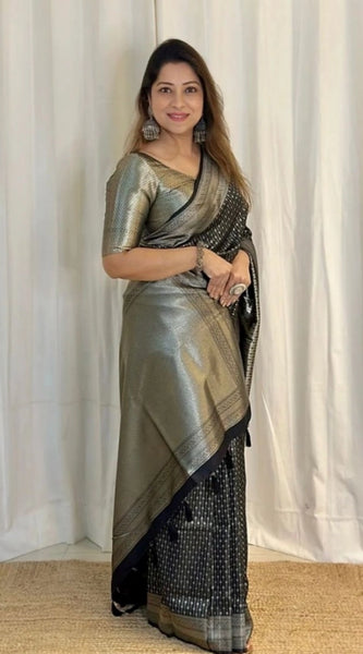 Mayawye Women's Silk Printed Saree With Unstitched Blouse 5.5Mtr (Black)