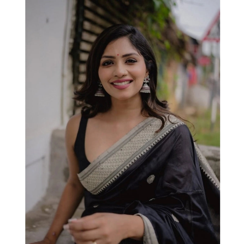 Mayawye Women's Silk Printed Saree With Unstitched Blouse 5.5Mtr (Black)