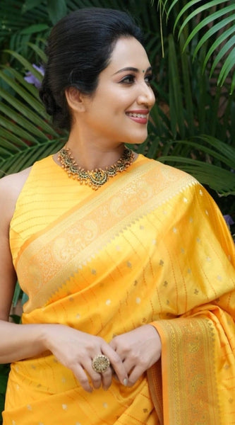 Mayawye Women's Silk Printed Saree With Unstitched Blouse 5.5Mtr (Yellow)