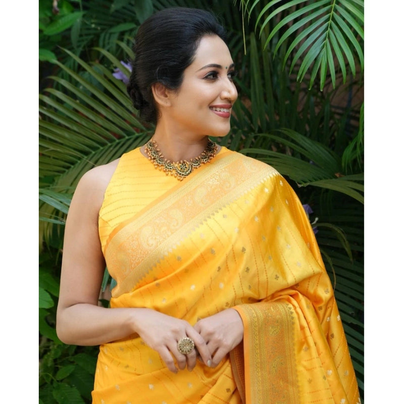 Mayawye Women's Silk Printed Saree With Unstitched Blouse 5.5Mtr (Yellow)