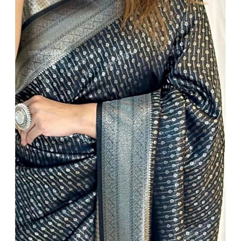 Mayawye Women's Silk Printed Saree With Unstitched Blouse 5.5Mtr (Black)