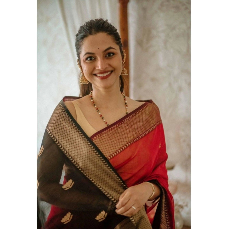 Mayawye Women's Cotton  Printed Saree With Unstitched Blouse 5.5Mtr (Red)