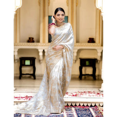 Mayawye Women's Silk Printed Saree With Unstitched Blouse 5.5Mtr (White)