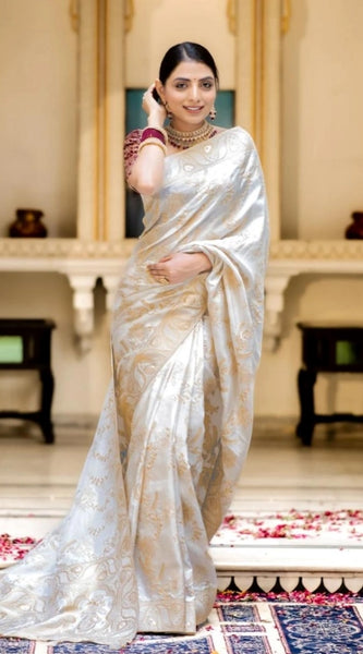 Mayawye Women's Silk Printed Saree With Unstitched Blouse 5.5Mtr (White)