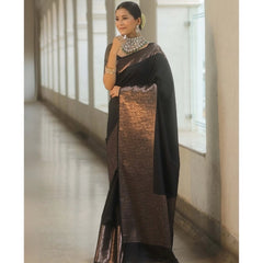 Mayawye Women's Silk Printed Saree With Unstitched Blouse 5.5Mtr (Black)
