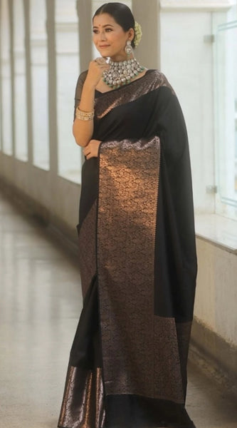 Mayawye Women's Silk Printed Saree With Unstitched Blouse 5.5Mtr (Black)