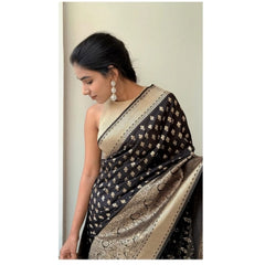 Mayawye Women's Silk Printed Saree With Unstitched Blouse 5.5Mtr (Black)