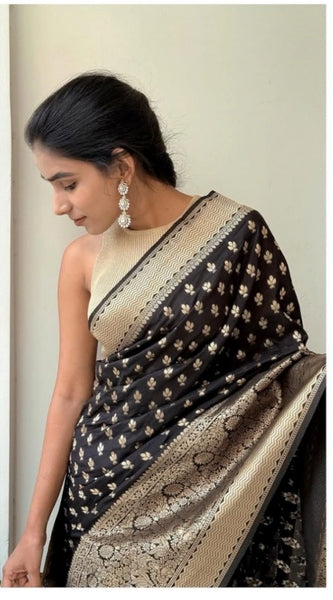 Mayawye Women's Silk Printed Saree With Unstitched Blouse 5.5Mtr (Black)