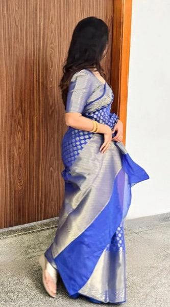 Mayawye Women's Silk Printed Saree With Unstitched Blouse 5.5Mtr (Royal Blue)