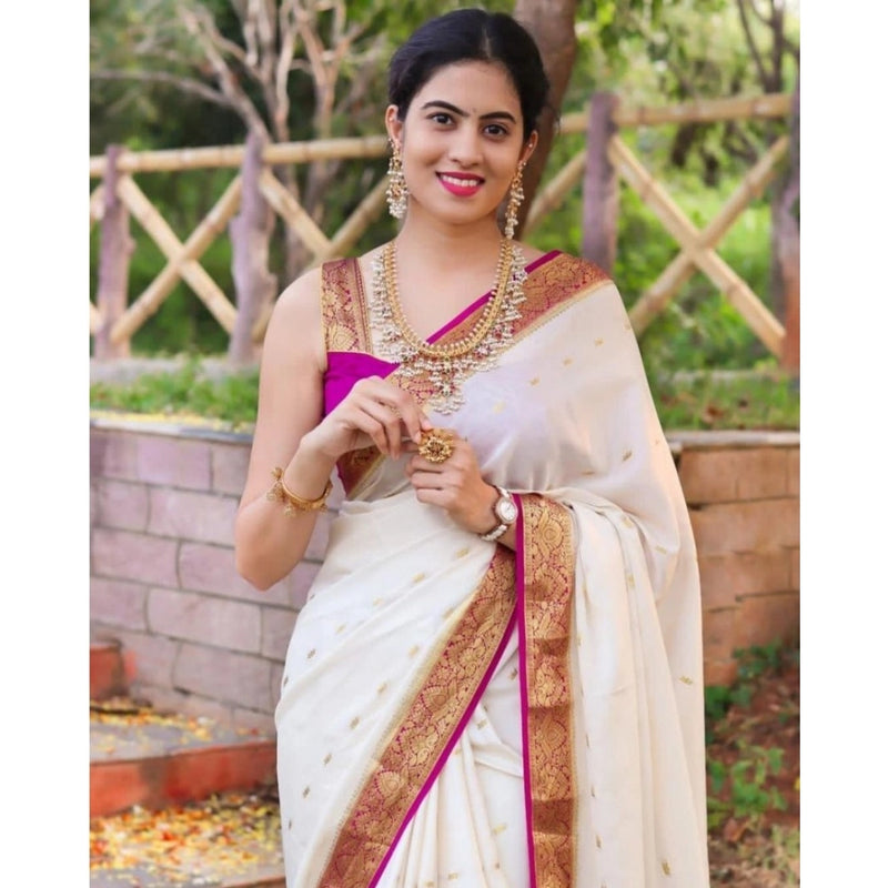 Mayawye Women's Silk Printed Saree With Unstitched Blouse 5.5Mtr (White)