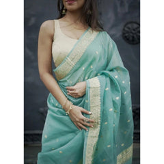 Mayawye Women's Cotton  Printed Saree With Unstitched Blouse 5.5Mtr (Sky)