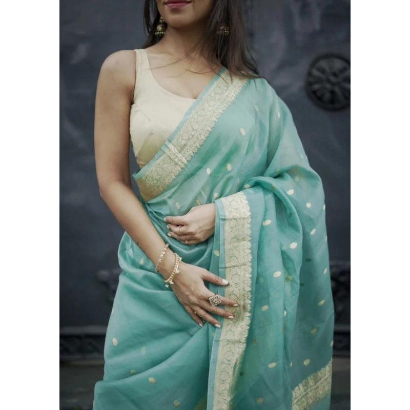 Mayawye Women's Cotton  Printed Saree With Unstitched Blouse 5.5Mtr (Sky)