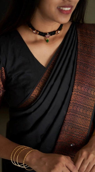 Mayawye Women's Silk Printed Saree With Unstitched Blouse 5.5Mtr (Black)