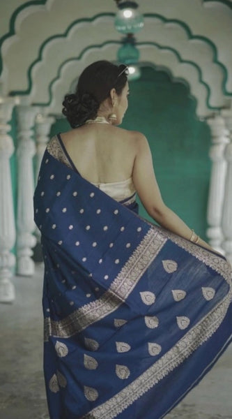 Mayawye Women's Cotton  Printed Saree With Unstitched Blouse 5.5Mtr (Navy Blue)