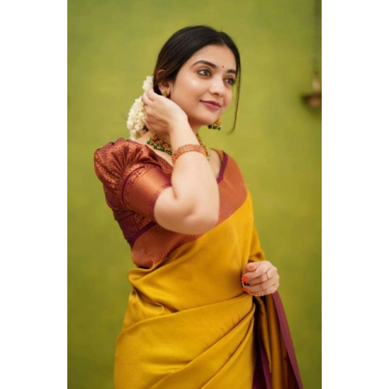 Mayawye Women's Silk Printed Saree With Unstitched Blouse 5.5Mtr (Yellow)