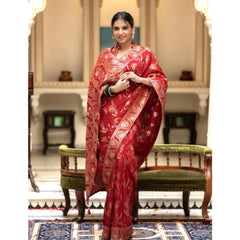 Mayawye Women's Silk Printed Saree With Unstitched Blouse 5.5Mtr (Red)