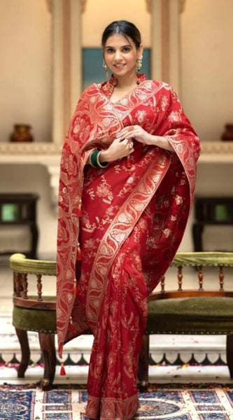 Mayawye Women's Silk Printed Saree With Unstitched Blouse 5.5Mtr (Red)