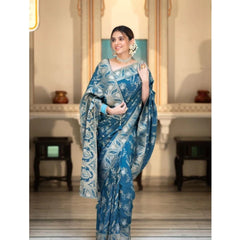 Mayawye Women's Silk Printed Saree With Unstitched Blouse 5.5Mtr (Teal Blue)