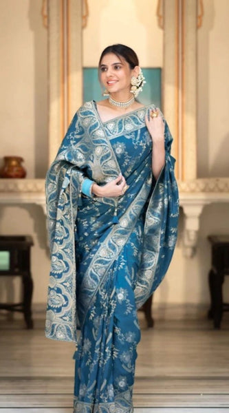 Mayawye Women's Silk Printed Saree With Unstitched Blouse 5.5Mtr (Teal Blue)