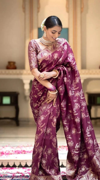 Mayawye Women's Silk Printed Saree With Unstitched Blouse 5.5Mtr (Wine)