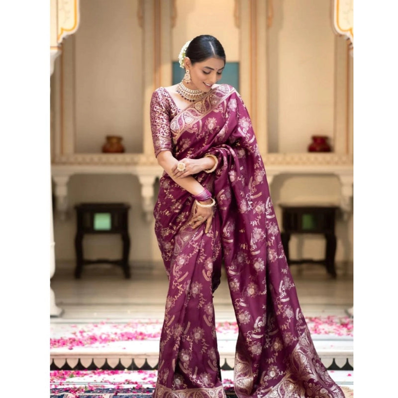 Mayawye Women's Silk Printed Saree With Unstitched Blouse 5.5Mtr (Wine)