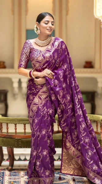 Mayawye Women's Silk Printed Saree With Unstitched Blouse 5.5Mtr (Purple)