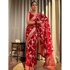Mayawye Women's Silk Printed Saree With Unstitched Blouse 5.5Mtr (Red)
