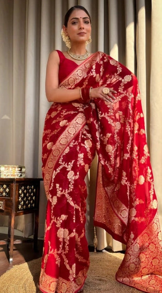 Mayawye Women's Silk Printed Saree With Unstitched Blouse 5.5Mtr (Red)