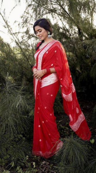 Mayawye Women's Cotton  Printed Saree With Unstitched Blouse 5.5Mtr (Red)