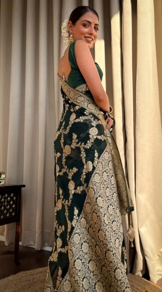 Mayawye Women's Silk Printed Saree With Unstitched Blouse 5.5Mtr (Dark Green)