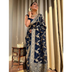 Mayawye Women's Silk Printed Saree With Unstitched Blouse 5.5Mtr (Dark Blue)