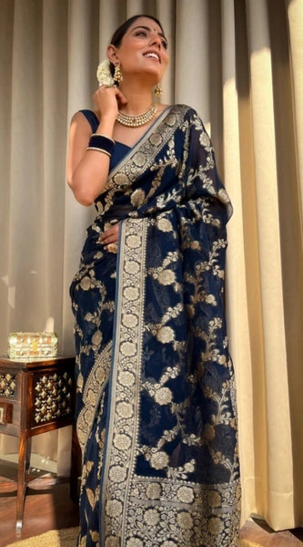 Mayawye Women's Silk Printed Saree With Unstitched Blouse 5.5Mtr (Dark Blue)
