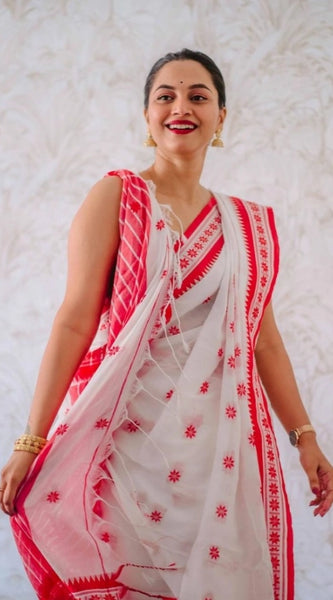 Mayawye Women's Cotton  Printed Saree With Unstitched Blouse 5.5Mtr (White-Pink)