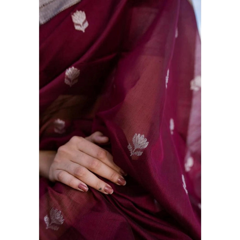 Mayawye Women's Cotton  Printed Saree With Unstitched Blouse 5.5Mtr (Maroon)