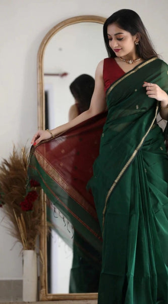 Mayawye Women's Cotton  Printed Saree With Unstitched Blouse 5.5Mtr (Dark Green)