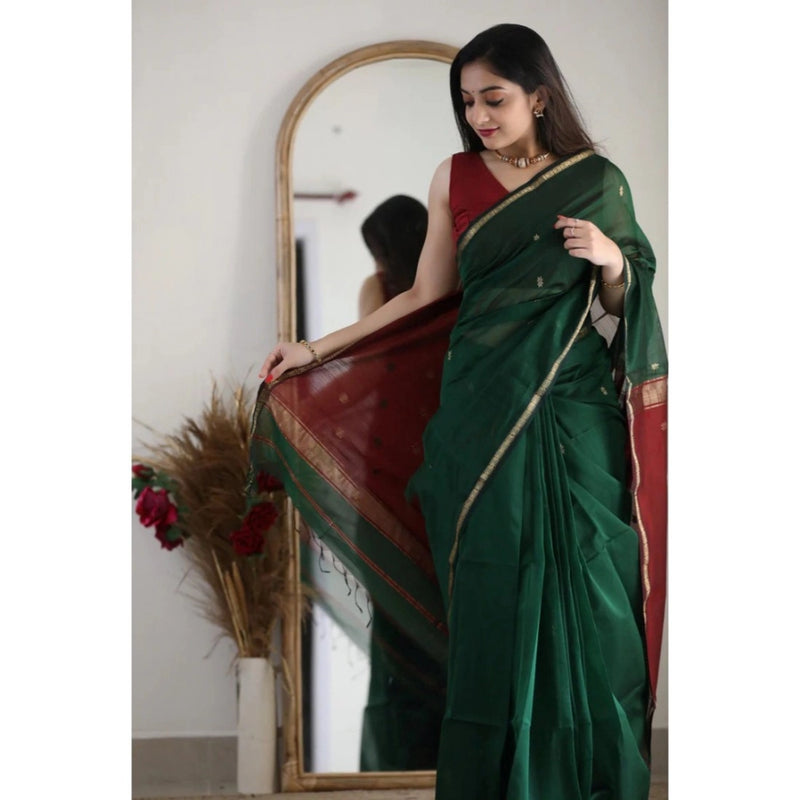Mayawye Women's Cotton  Printed Saree With Unstitched Blouse 5.5Mtr (Dark Green)