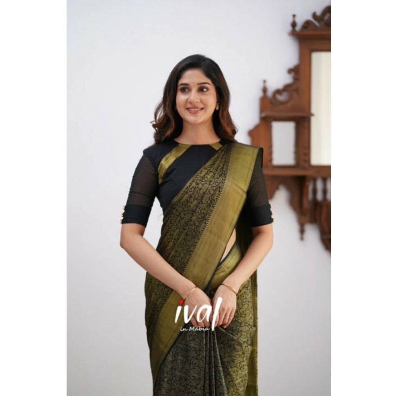 Mayawye Women's Silk Printed Saree With Unstitched Blouse 5.5Mtr (Black)