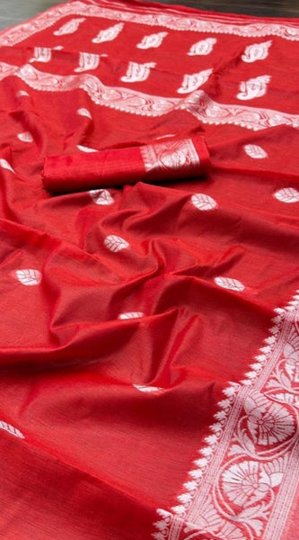 Mayawye Women's Cotton  Printed Saree With Unstitched Blouse 5.5Mtr (Red)