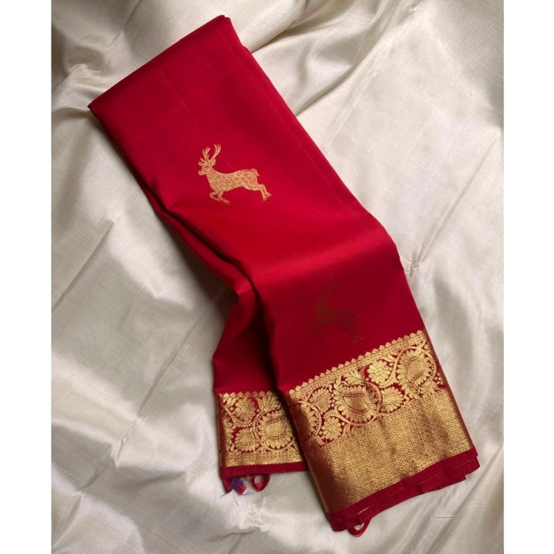 Mayawye Women's Silk Printed Saree With Unstitched Blouse 5.5Mtr (Red)